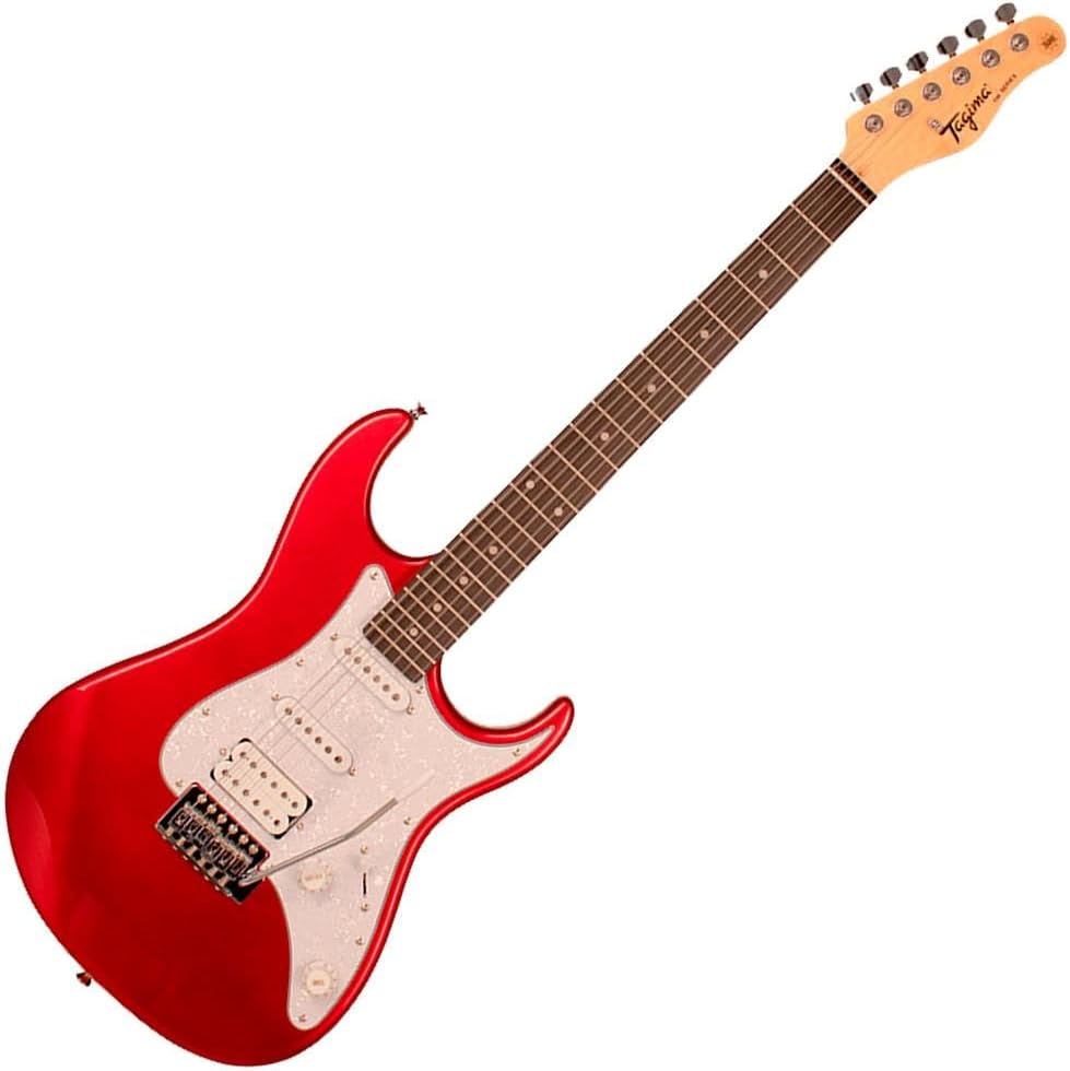 Guitarra Stratocaster Tagima TG520 Candy Apple com corpo vermelho gloss, escudo branco, captadores humbucker e single coil