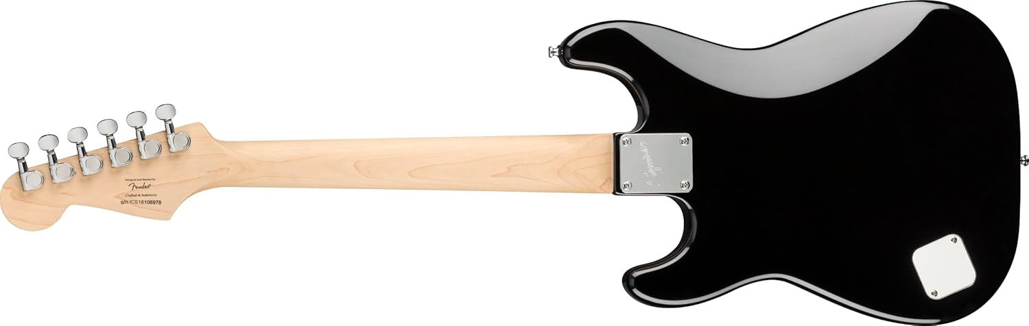 Parte traseira da guitarra Fender Mini Stratocaster preta brilhante com braço maple e escala escura