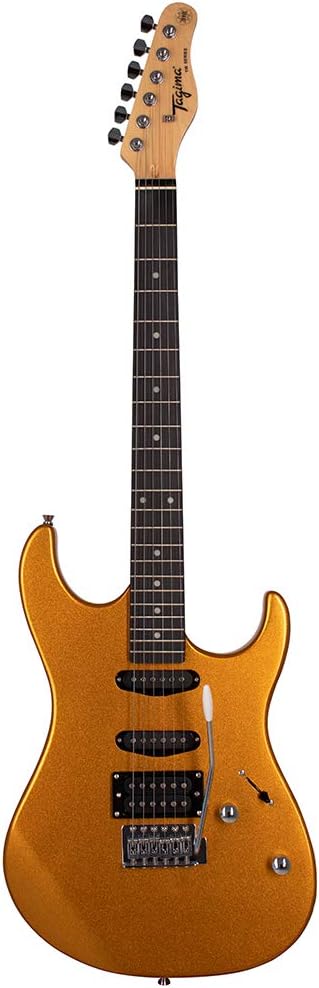 Guitarra elétrica Tagima TG 510 MGY dourada com corpo metálico, 3 captadores, braço escuro e alavanca de tremolo.