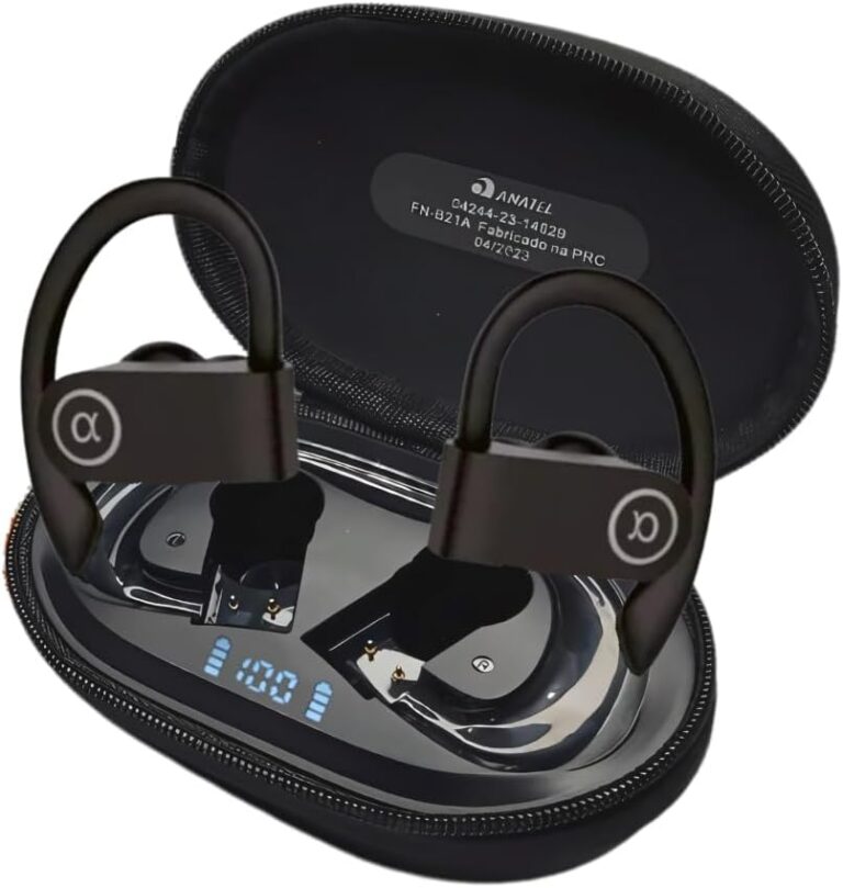 Fones de ouvido Bluetooth esportivos pretos com case e display de bateria digital