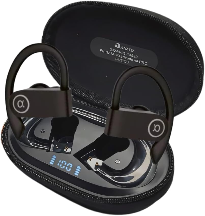Fones de ouvido Bluetooth esportivos pretos com case e display de bateria digital