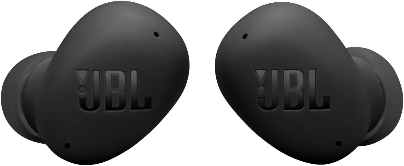 Fones de ouvido sem fio JBL Wave Buds 2 preto em destaque sobre fundo branco.