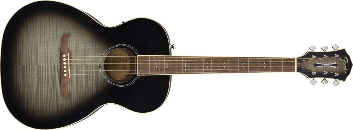 Guitarra acústica Fender FA-235E Moonlight Burst vista frontal com corpo preto e cinza e logo Fender na cabeça.