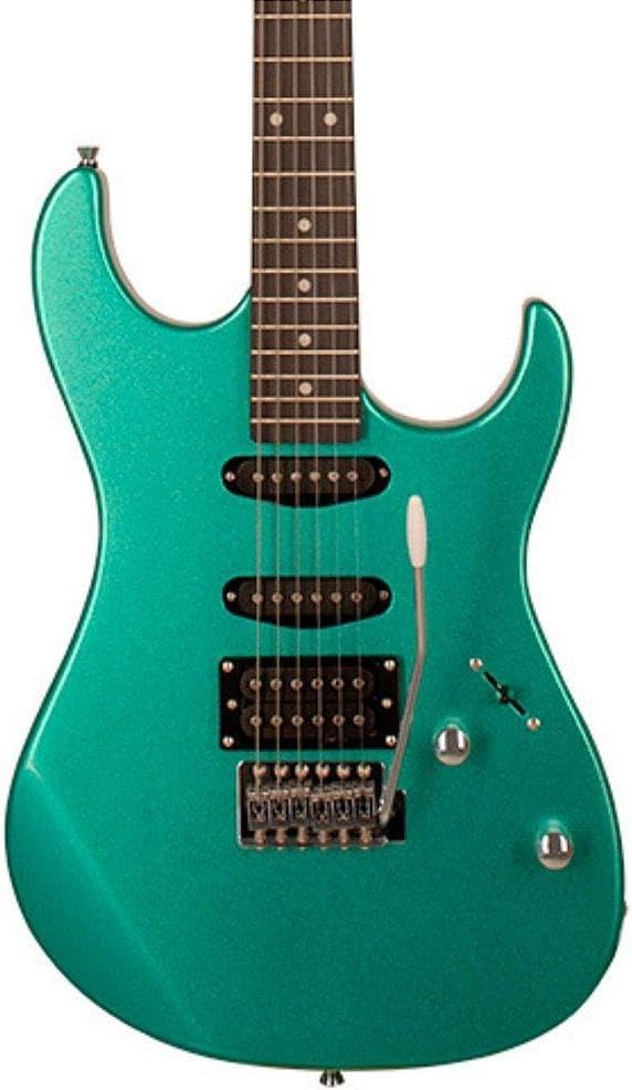 Detalhe do corpo da guitarra Tagima TG-510 verde metálico surf com captadores e controles