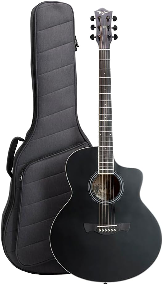 Violão Tagima JF EQ-BKOP preto fosco com laterais em sapele e capa gig bag preta acolchoada
