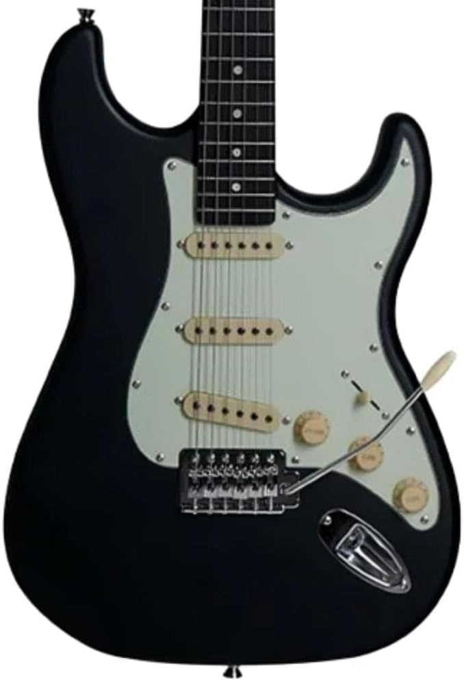 Detalhe dos captadores, controles e ponte na guitarra Memphis MG-30 preta.