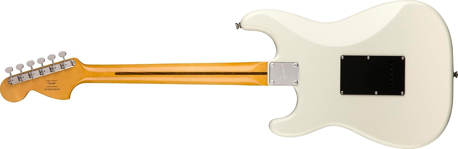 Parte traseira da guitarra Fender Classic Vibe '70s Stratocaster branca brilhante com braço maple e escala escura