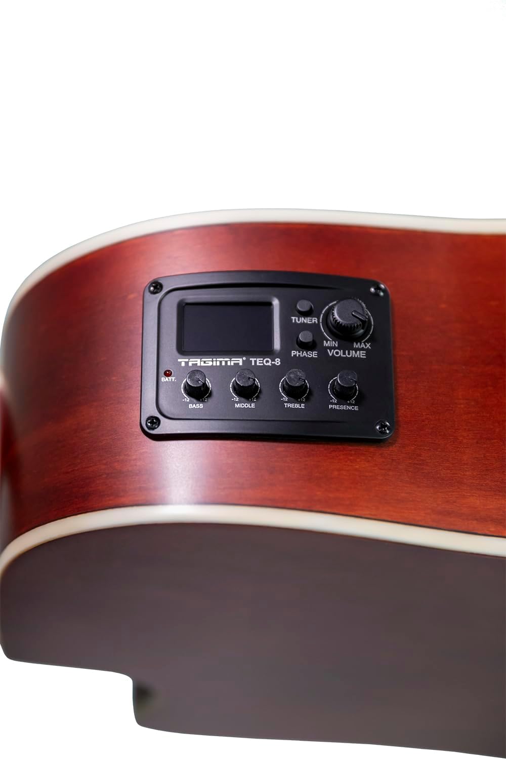 Sistema de equalização Tagima TEQ-8 com afinador digital e controles de som em violão marrom