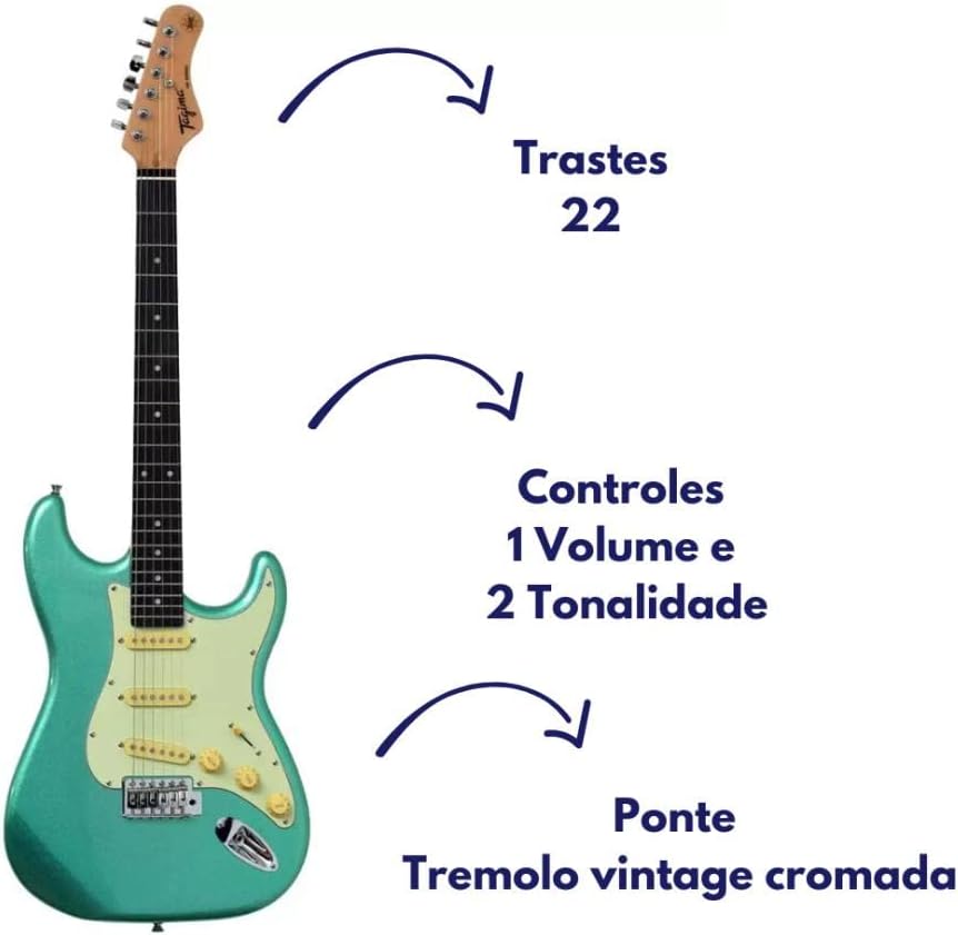 Guitarra elétrica TAGIMA TG 500 MSG DF MG Verde Surf Metálico com 22 trastes, controles e ponte tremolo vintage cromada