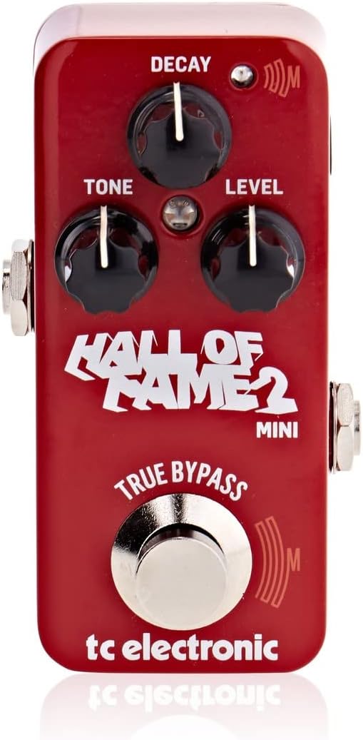 Pedal Reverb TC Electronic Hall of Fame 2 Mini vermelho com controles Decay, Tone e Level e interruptor MASH sensível à pressão