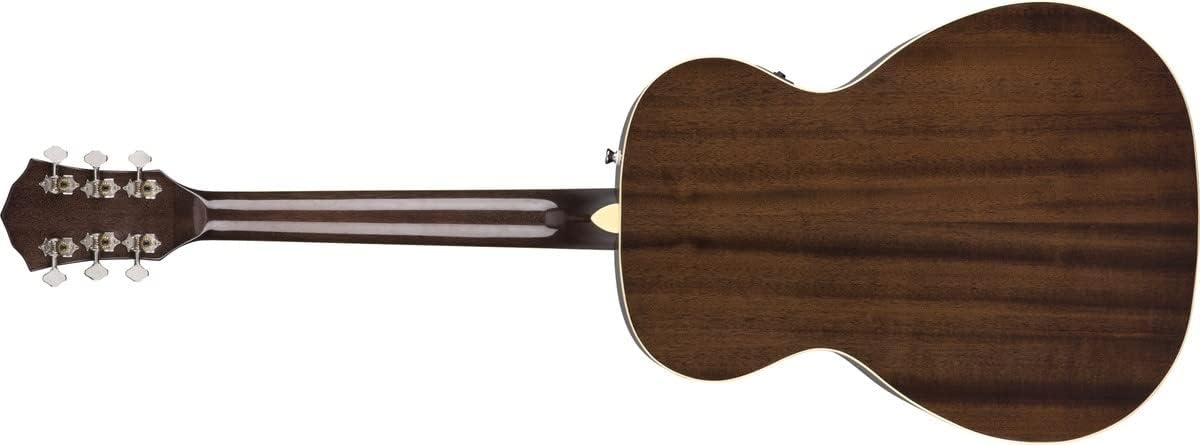Parte traseira da guitarra acústica Fender FA-235E com acabamento em madeira escura e tarraxas cromadas.