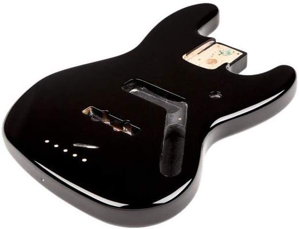 Corpo Fender Jazz Bass preto com acabamento brilhante visto em ângulo inclinado, sem componentes.