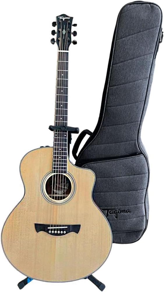 Violão Tagima JF EQ com tampo de spruce sólido e corpo em sapele ao lado da capa preta para violão