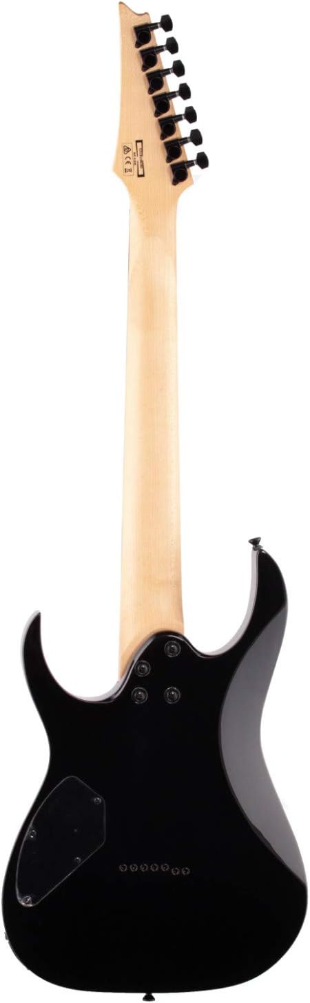 Parte traseira da guitarra Ibanez 7 cordas GRG7221 GIO mostrando braço e corpo preto com tarraxas pretas
