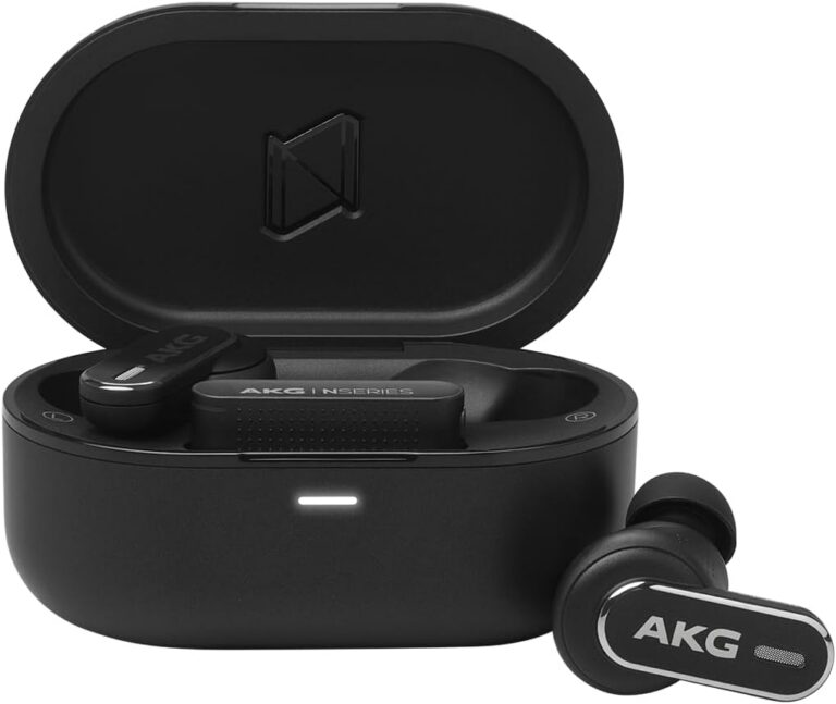 Fone de ouvido AKG N5 Hybrid Bluetooth sem fio preto com estojo de carga aberto