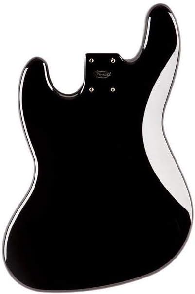 Parte traseira do corpo Fender Jazz Bass preto com acabamento brilhante, sem componentes.
