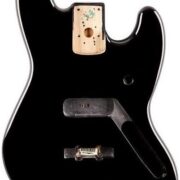 Corpo de baixo elétrico Fender Jazz Bass preto com acabamento brilhante sem componentes, vista frontal.