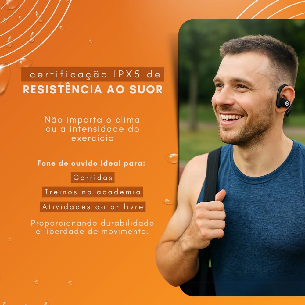 Homem com fones de ouvido Bluetooth resistentes à água para atividades físicas ao ar livre