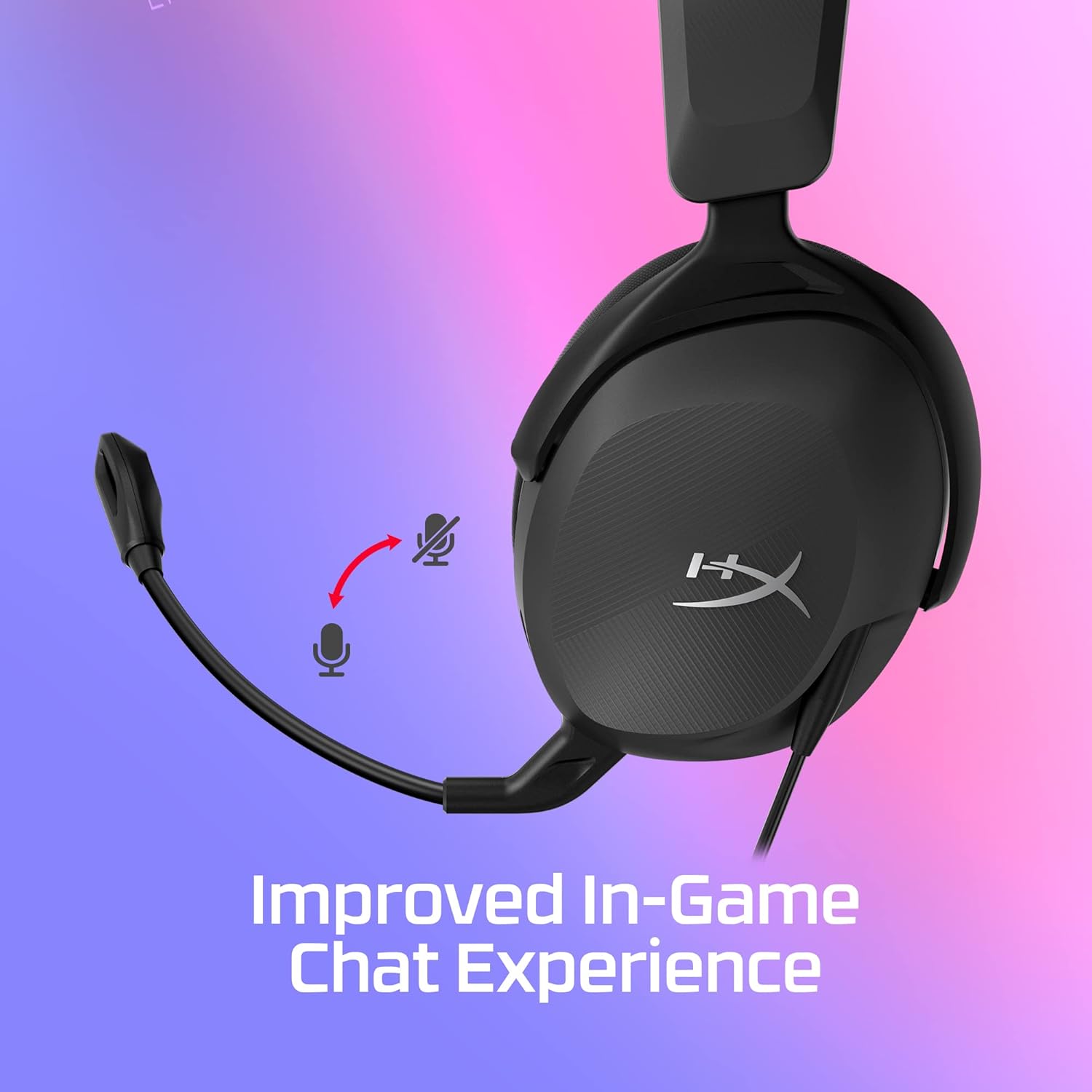 HyperX gaming headset microphone with mute toggle symbol emphasizing improved chat experience.