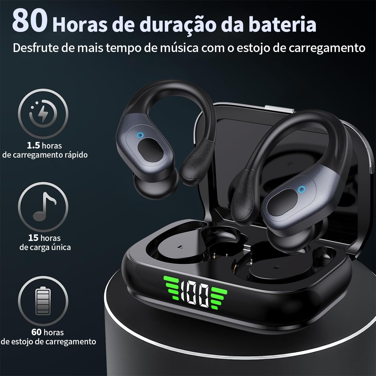Fones de ouvido sem fio esportivos com 80 horas de bateria e display LED.