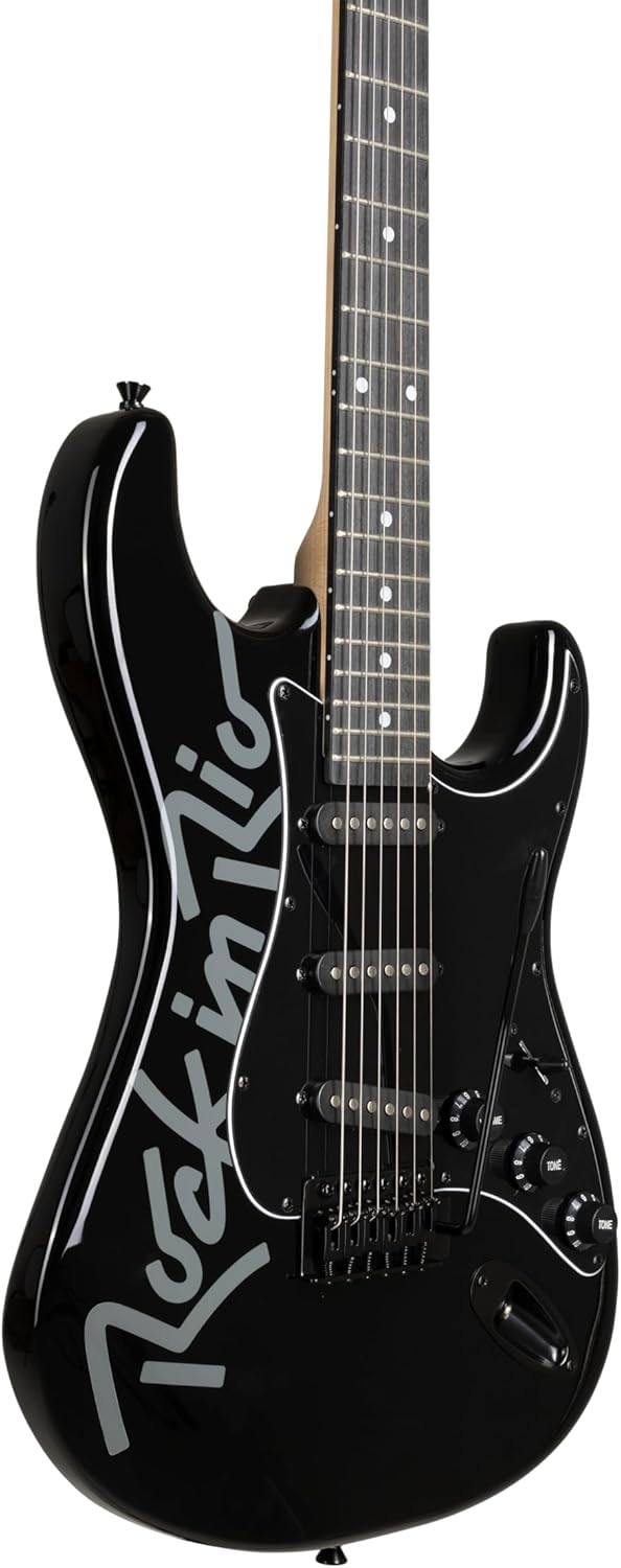 Guitarra Tagima Rock in Rio Strat 3S preta vista lateral com escala escura e captadores single coil