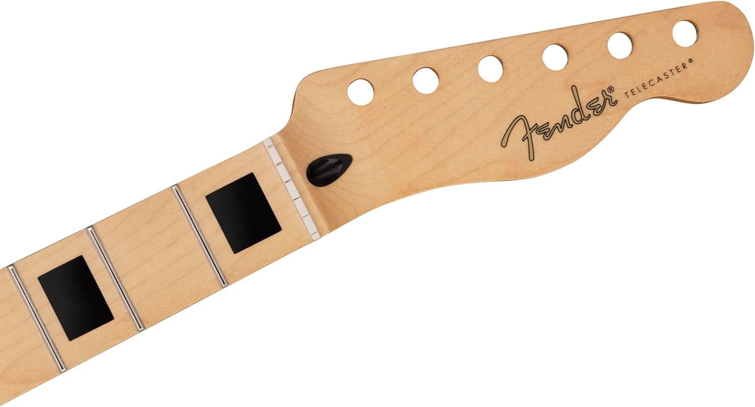 Cabeça e início do braço da guitarra Fender Telecaster com marcadores quadrados pretos