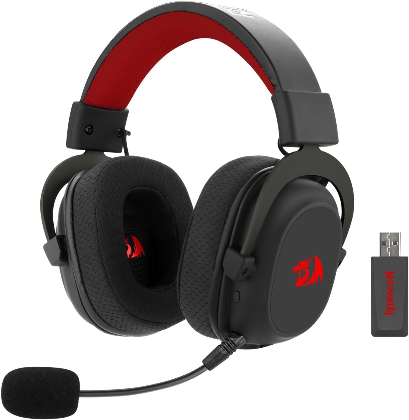 Redragon Zeus Pro wireless gaming headset black with red accents and USB wireless adapter
