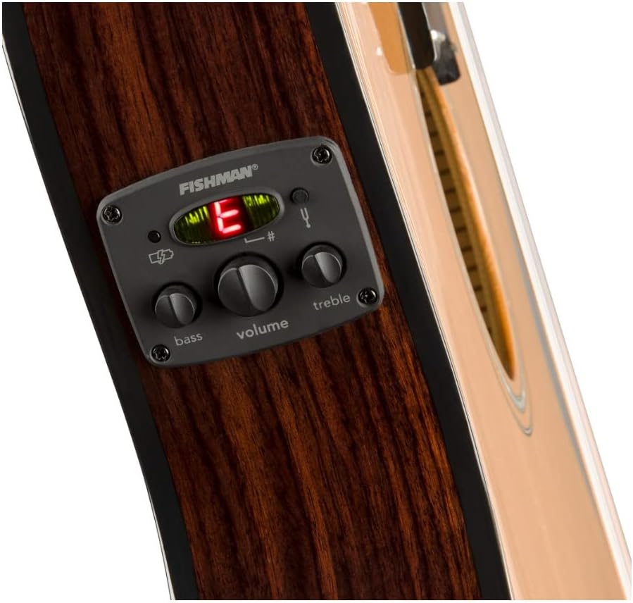 Controle eletrônico Fishman embutido no violão Fender CN-140SCE com ajustes de bass, volume e treble