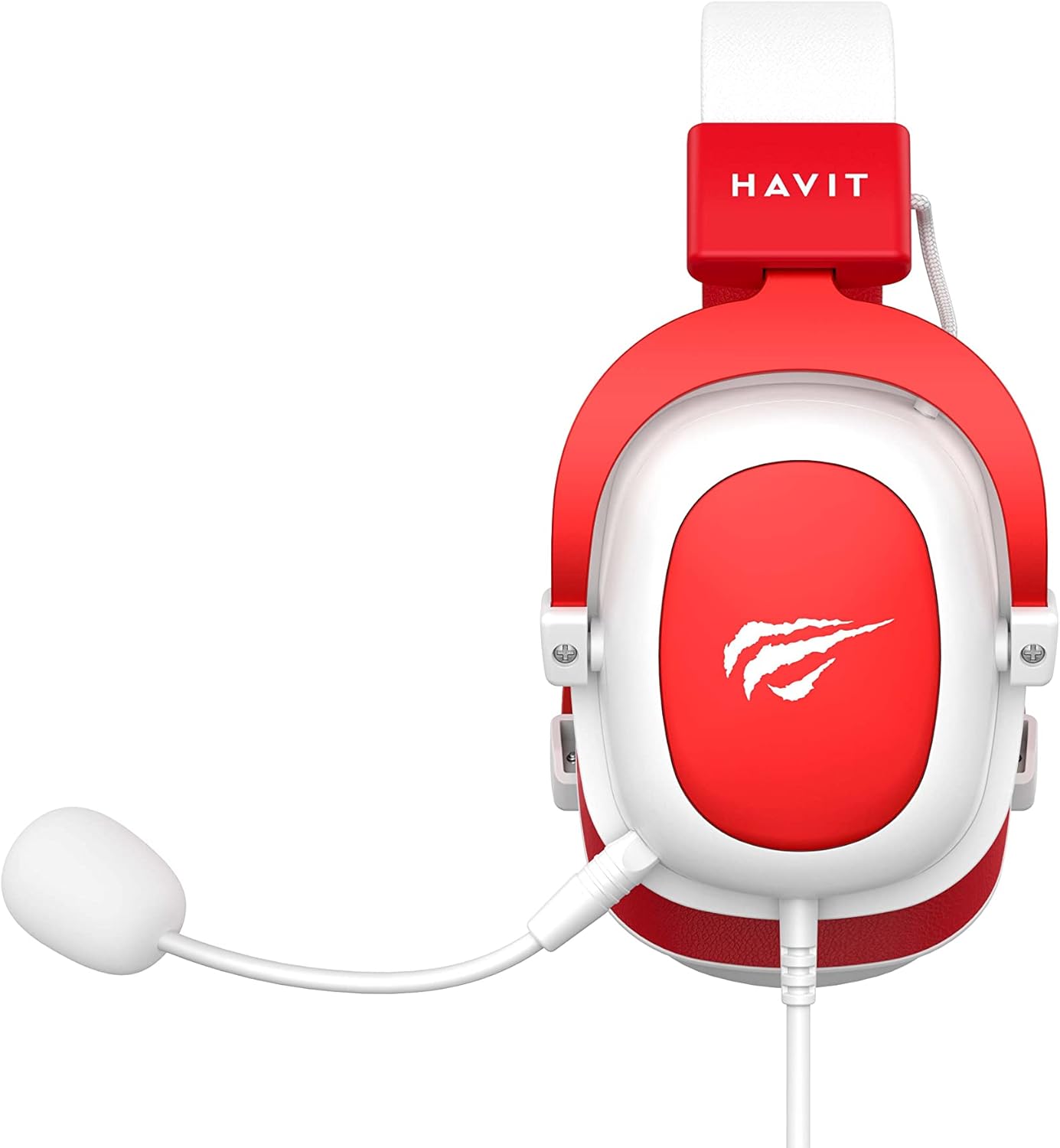 Fone de ouvido gamer Havit H2002d vermelho lateral direita com microfone e logotipo