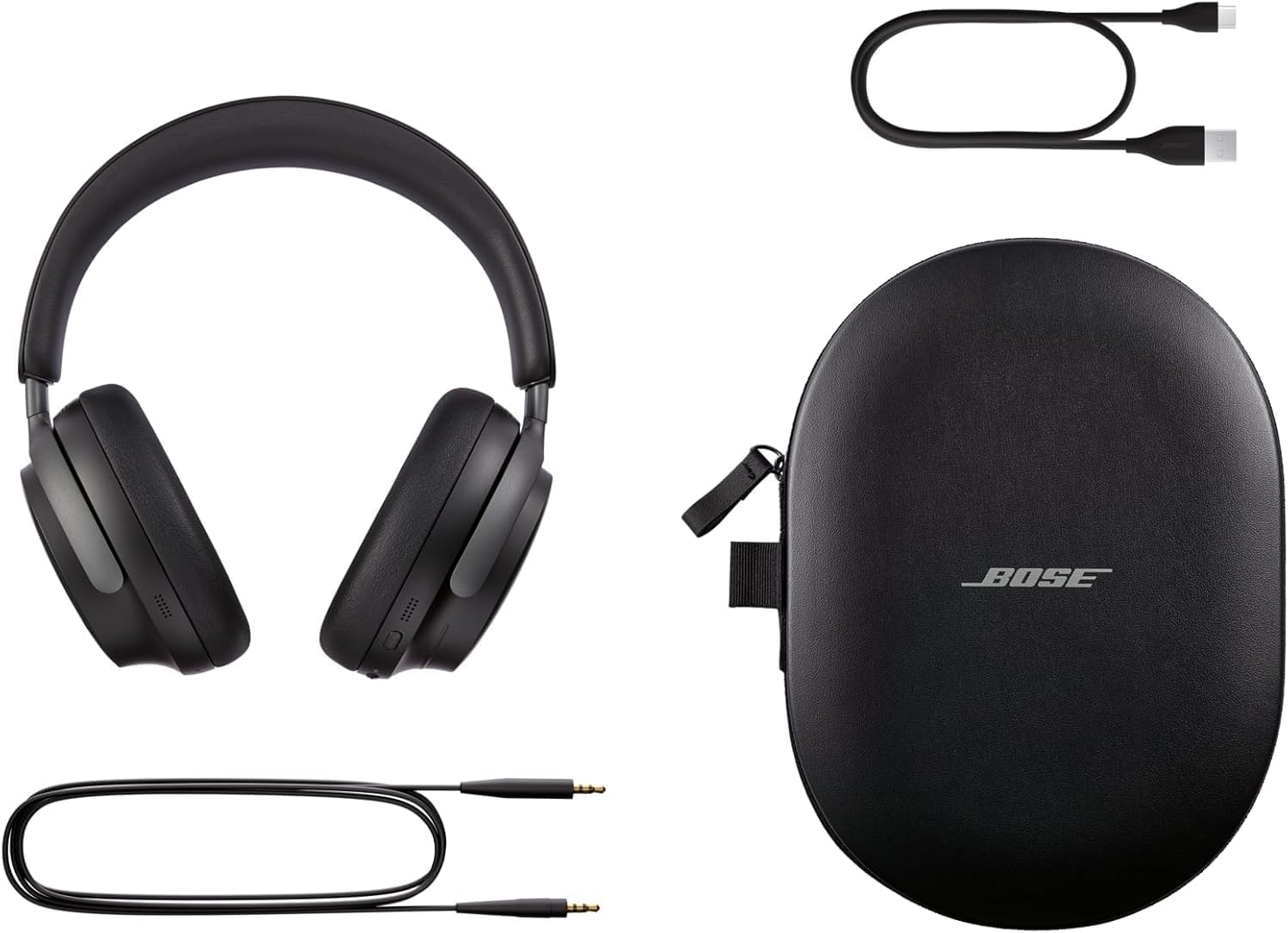 Conjunto Bose QuietComfort Ultra Wireless preto com fones over-ear, estojo rígido, cabo USB-C e cabo auxiliar P2
