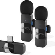BOYA wireless lapel microphone BY-V20 with USB-C receiver for smartphones.