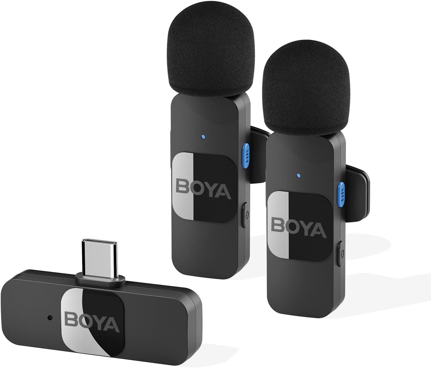 BOYA wireless lapel microphone BY-V20 with USB-C receiver for smartphones.