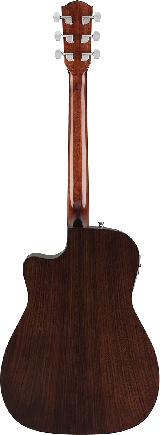 Parte traseira da guitarra Fender CC-140SCE com madeira escura brilhante e tarraxas cromadas.