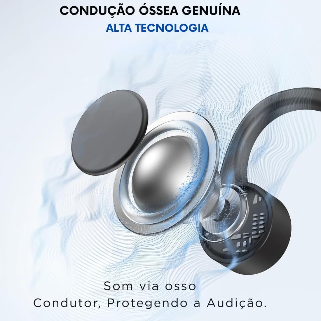 Detalhe do fone enfatizando tecnologia de condução óssea que protege a audição.