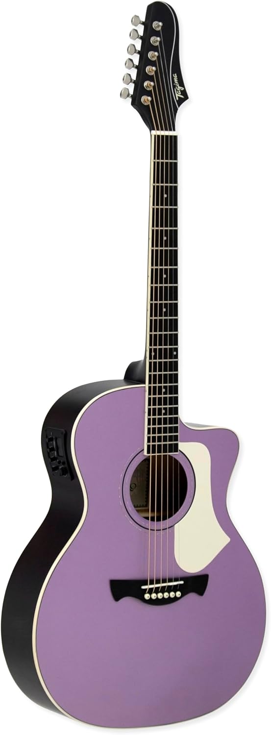 Violão Tagima Rio Negro Grand Auditorium Cutaway lilás com cordas de aço e escudo branco.