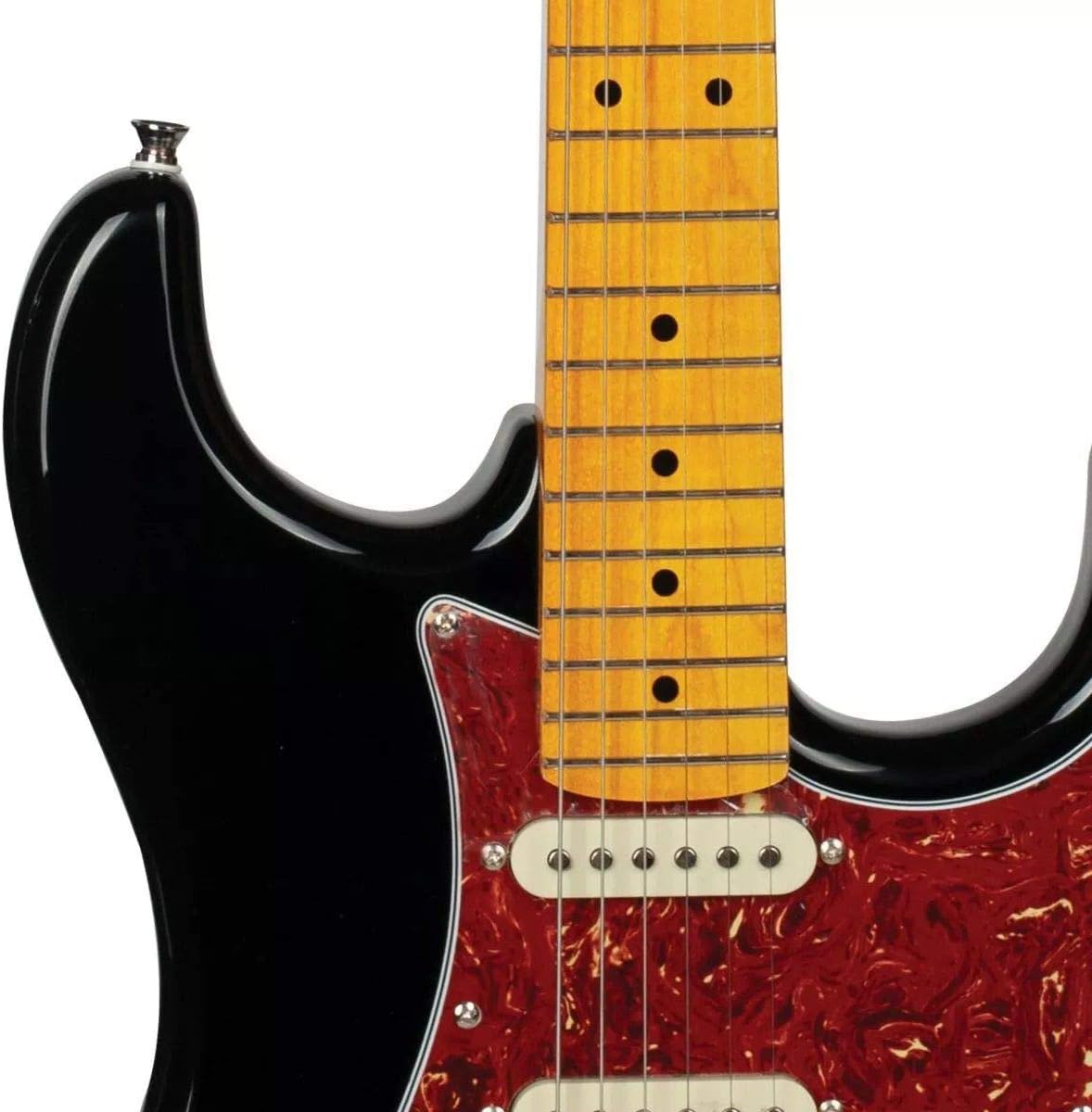 Detalhe do corpo preto e braço maple da guitarra TAGIMA Woodstock Series TG-530 com captadores SSS.