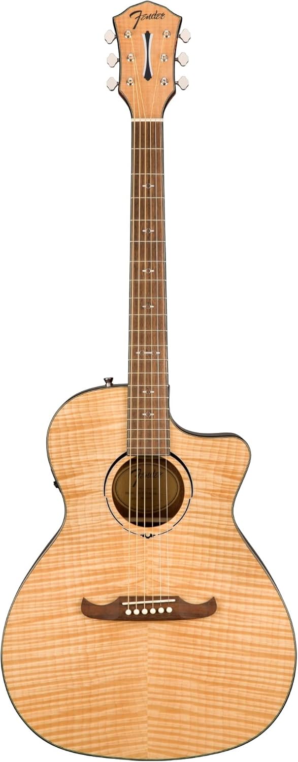 Guitarra acústica Fender FA-345CE recortada acabamento natural com corpo flamejado e braço escuro