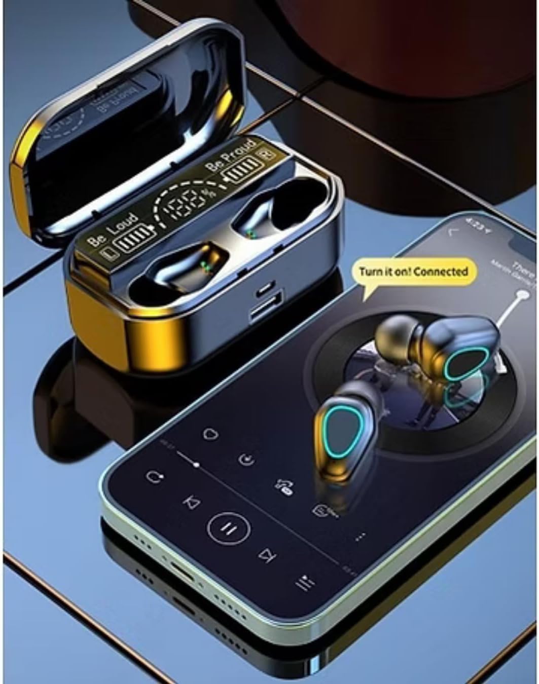 Fone de ouvido POTIPO M10-TWS em estojo com smartphone mostrando conexão Bluetooth ativa.