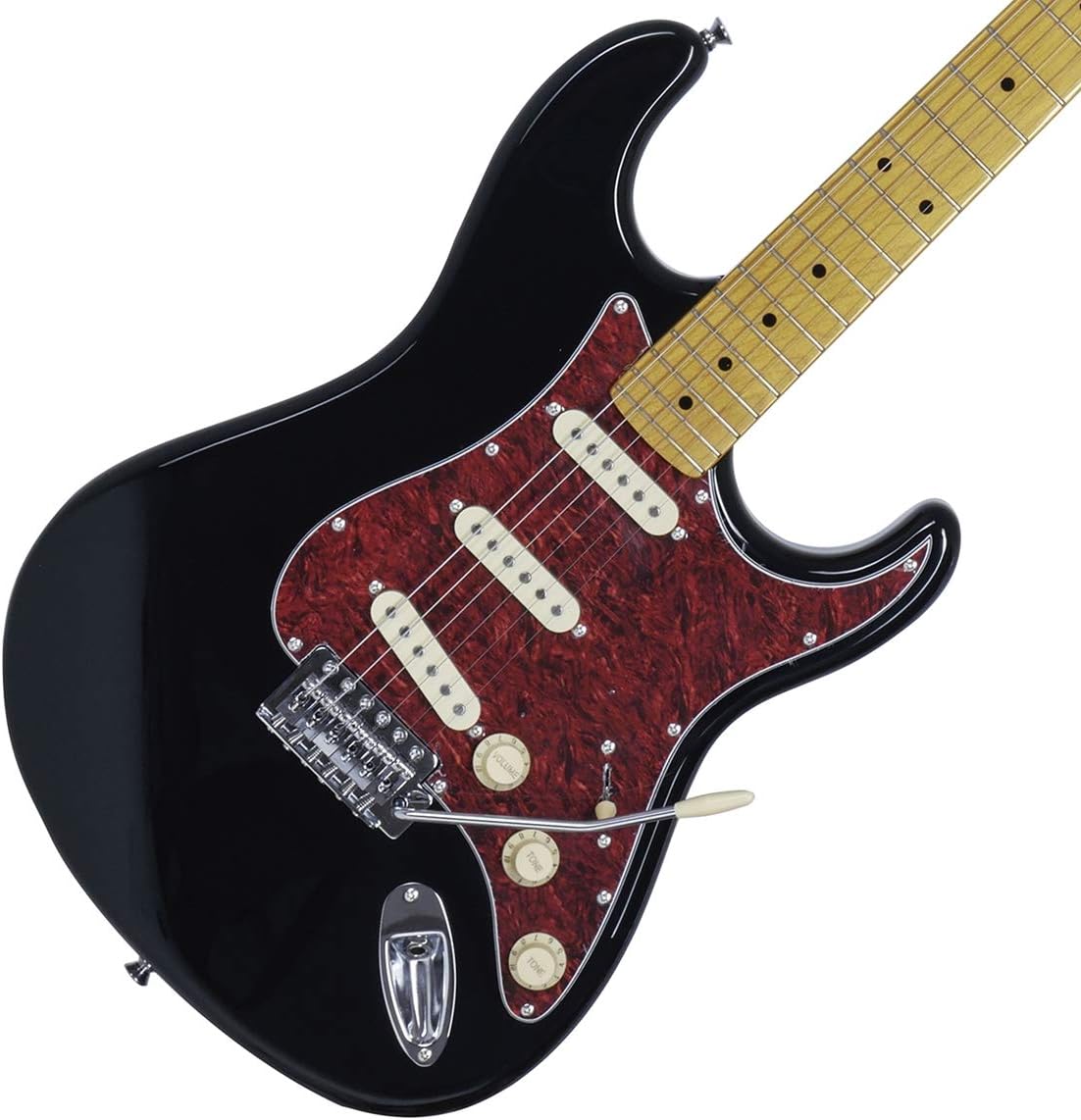 Corpo da guitarra elétrica Tagima TG-530 preto com escudo vermelho, captadores single coil e ponte tremolo vintage.