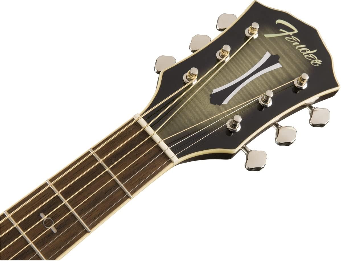 Close da cabeça da guitarra acústica Fender FA-235E com logo dourado e tarraxas cromadas.