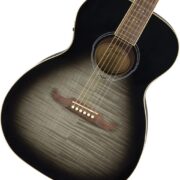 Guitarra acústica Fender FA-235E Moonlight Burst com corpo preto e cinza, ponte fixa de madeira e escala clara.