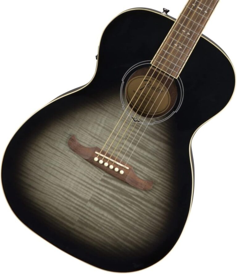 Guitarra acústica Fender FA-235E Moonlight Burst com corpo preto e cinza, ponte fixa de madeira e escala clara.