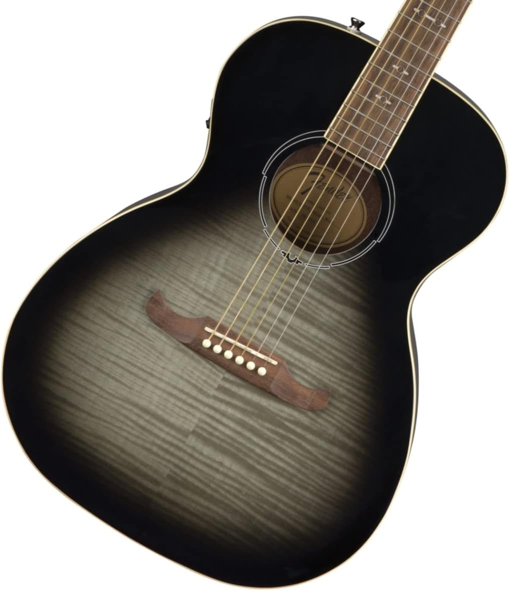 Guitarra acústica Fender FA-235E Moonlight Burst com corpo preto e cinza, ponte fixa de madeira e escala clara.