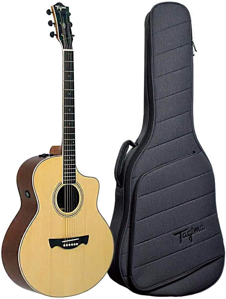 Violão elétrico acústico Tagima modelo JF EQ com tampo spruce sólido e corpo em sapele junto com capa preta para transporte