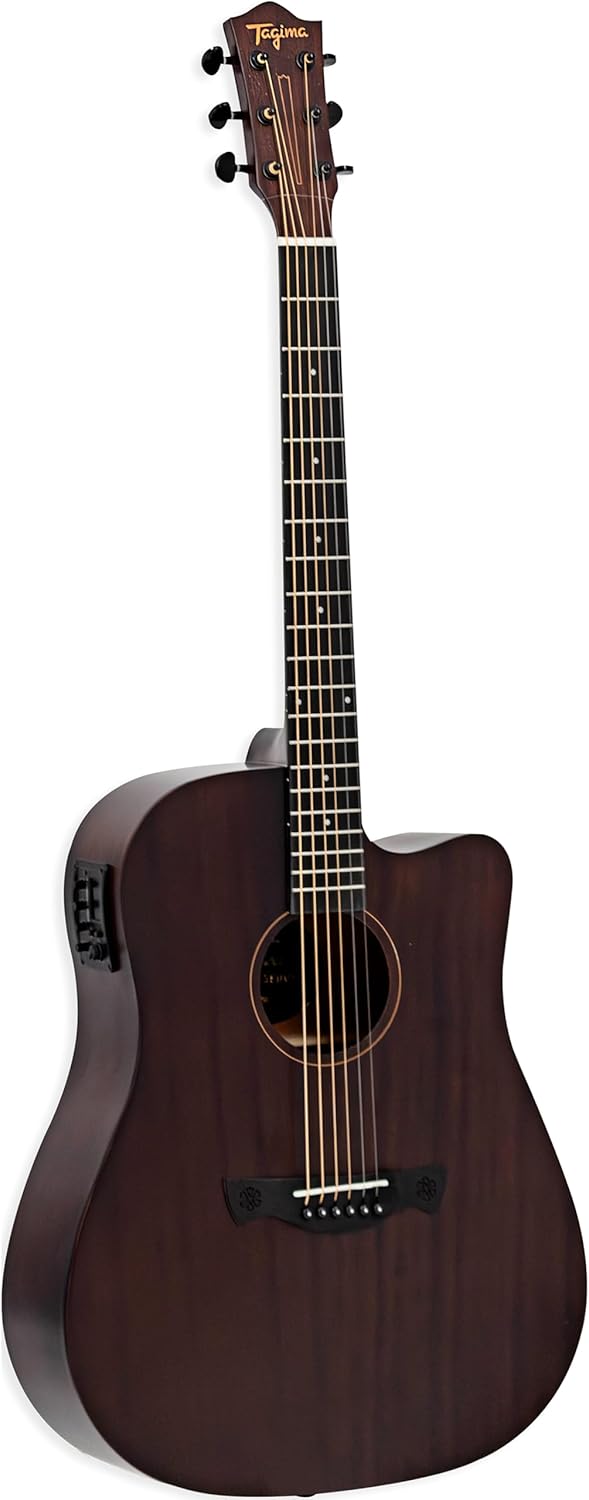 Violão folk cutaway elétrico acabado em sapele escuro com cordas de aço e equalizador embutido.