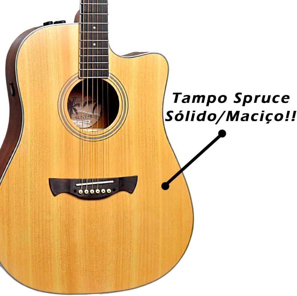 Close tampo violão Tagima Spruce sólido maciço com texto explicativo