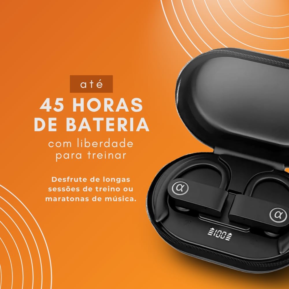 Fones de ouvido Bluetooth no estojo com destaque para bateria de até 45 horas
