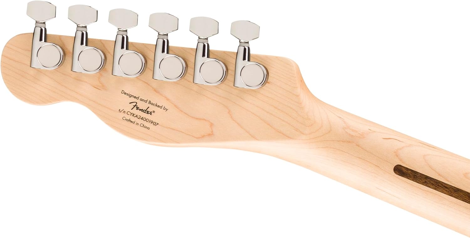 Vista traseira da cabeça da guitarra Fender Squier Affinity Telecaster Thinline com tarraxas cromadas