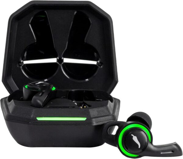 Fones de ouvido esportivos Bluetooth TWS Chillibeans JH2001 pretos com detalhes verdes na caixa de carregamento preta.