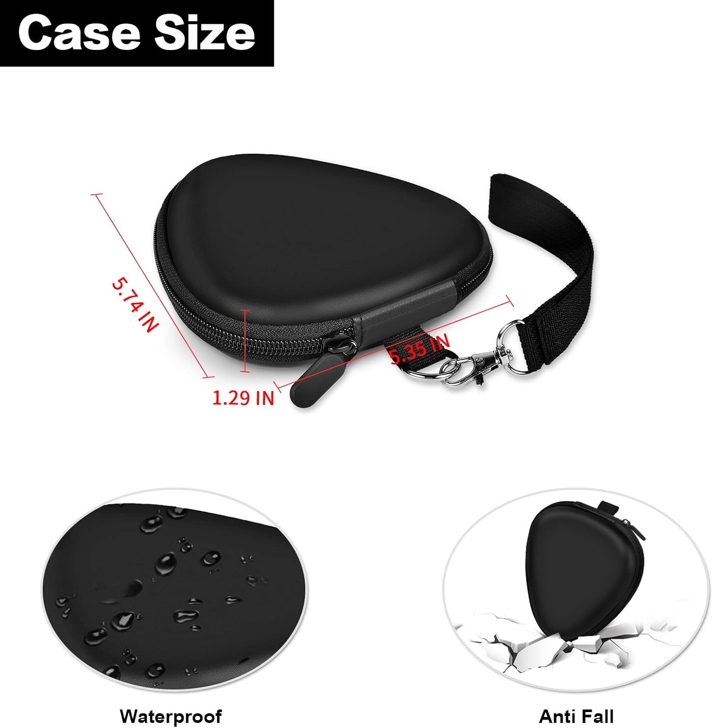 Case preta triangular para palhetas de guitarra com alça destacável, zíper, resistente à água e quedas, com dimensões indicadas.